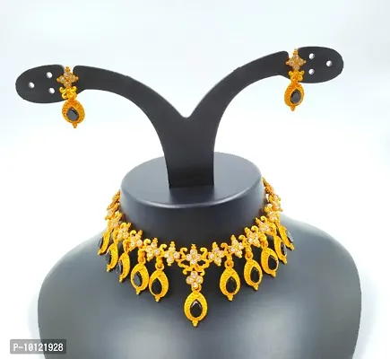 Alliance Fancy Black Oval Stone Gold Plated Necklace With Earrings Jewellery Set