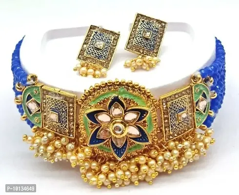 Alliance Fancy Green Mino Blue Crystal Flower Style Choker With Earrings Jewellery Set