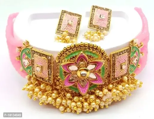 Alliance Fancy Green Mino Pink Crystal Flower Style Choker With Earrings Jewellery Set