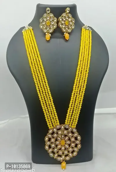 Alliance Fancy Yellow Crystal Round Kundan Long Jewellery Set-thumb0