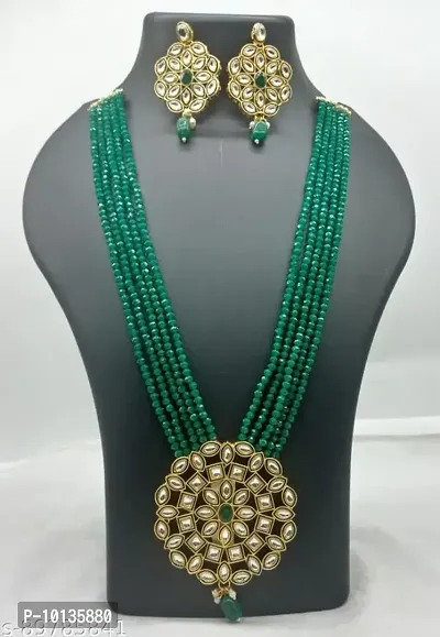 Alliance Fancy Green Crystal Round Kundan Long Jewellery Set