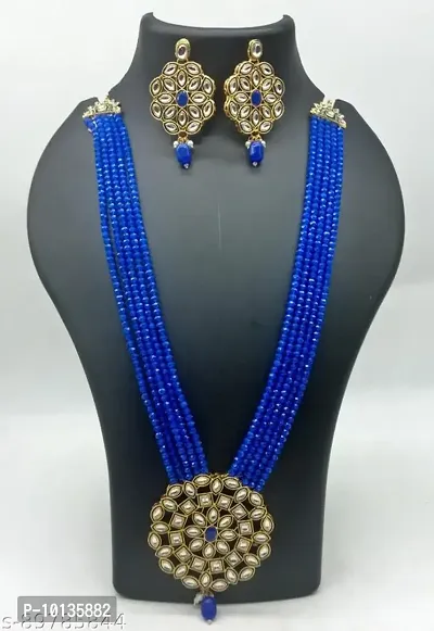 Alliance Fancy Blue Crystal Round Kundan Long Jewellery Set-thumb0