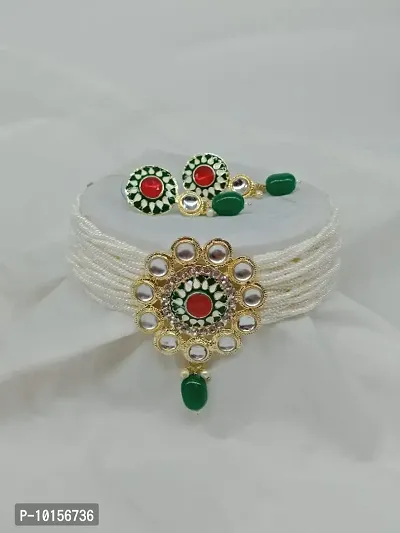 Alliance Fancy Green Mino Kundan Choker Kidiya Moti Jewellery Set