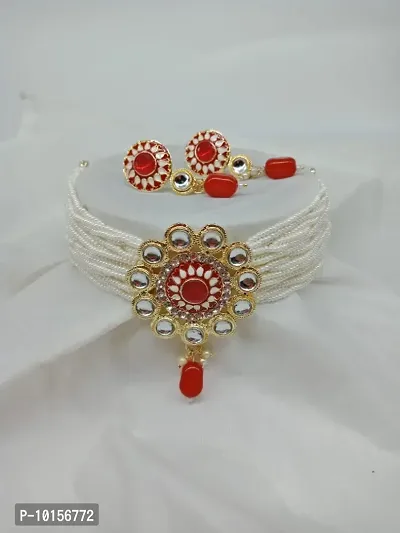 Alliance Fancy Red Mino Kundan Choker Kidiya Moti Jewellery Set