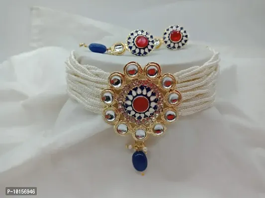 Alliance Fancy Blue Mino Kundan Choker Kidiya Moti Jewellery Set-thumb0