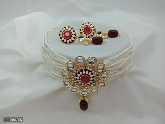 Alliance Fancy Maroon Mino Kundan Choker Kidiya Moti Jewellery Set