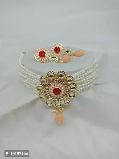 Alliance Fancy Peach Mino Kundan Choker Kidiya Moti Jewellery Set-thumb0