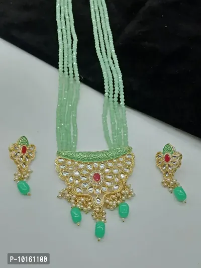 Alliance Fancy Pista Mino And Crystal With Kundan Stone And Red Stone Long Jewellery Set