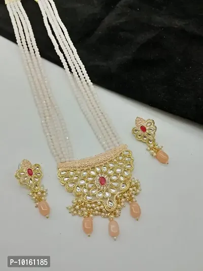 Alliance Fancy Peach Mino And Crystal With Kundan Stone And Red Stone Long Jewellery Set