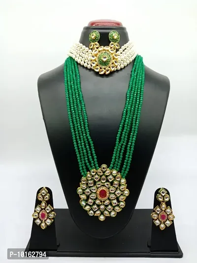 Alliance Fancy Combo Green Mino Choker  Green Crystal Long Necklace Jewellery Set