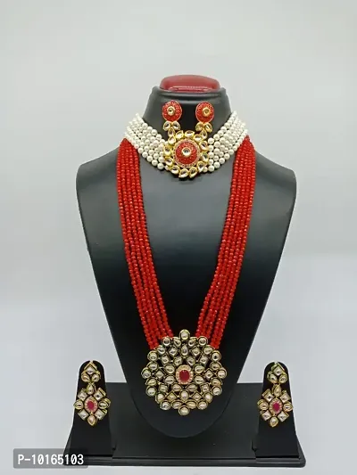 Alliance Fancy Combo Red Mino Choker  Red Crystal Long Necklace Jewellery Set