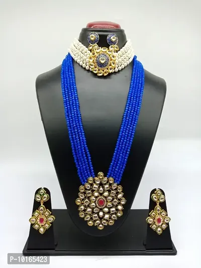 Alliance Fancy Combo Navy Blue Mino Choker  Navy Blue Crystal Long Necklace Jewellery Set