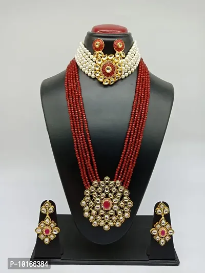 Alliance Fancy Combo Maroon Mino Choker  Maroon Crystal Long Necklace Jewellery Set