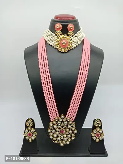 Alliance Fancy Combo Pink Mino Choker  Pink Crystal Long Necklace Jewellery Set-thumb0