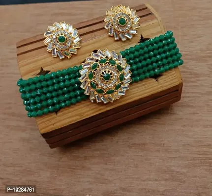 Alliance Fancy Green Mirror Choker With Earrings Jewellery Set
