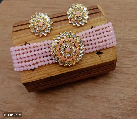 Alliance Fancy Pink Mirror Choker With Earrings Jewellery Set-thumb0