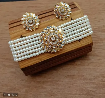 Alliance Fancy White Mirror Choker With Earrings Jewellery Set