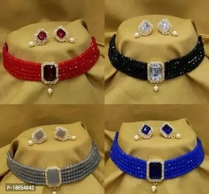 Alliance Fancy Combo Red Black Grey Blue Crystal Choker With Earrings Jewellery Set (4 Combo)-thumb0