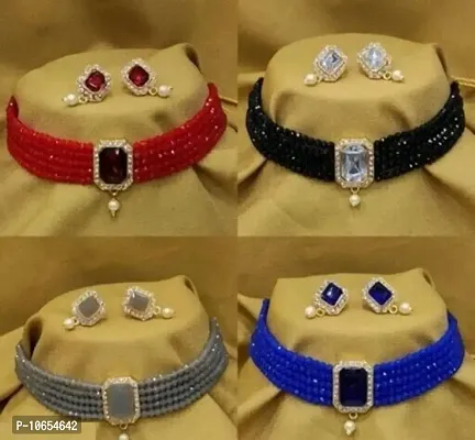 Alliance Fancy Combo Red Black Grey Blue Crystal Choker With Earrings Jewellery Set (4 Combo)