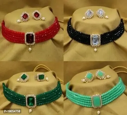 Alliance Fancy Combo Red Black Green Pista Crystal Choker With Earrings Jewellery Set (4 Combo)-thumb0