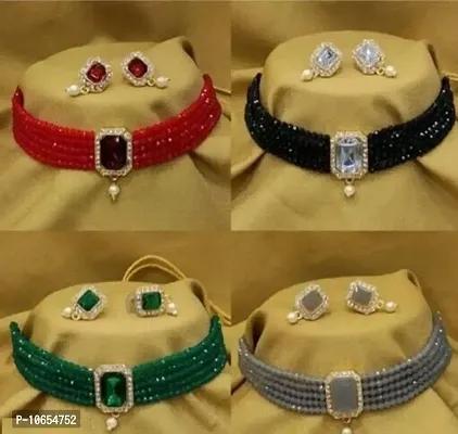 Alliance Fancy Combo Red Black Green Grey Crystal Choker With Earrings Jewellery Set (4 Combo)