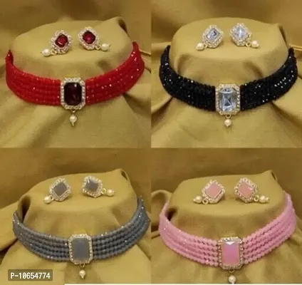 Alliance Fancy Combo Red Black Grey Pink Crystal Choker With Earrings Jewellery Set (4 Combo)