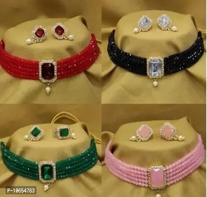 Alliance Fancy Combo Red Black Green Pink Crystal Choker With Earrings Jewellery Set (4 Combo)-thumb0