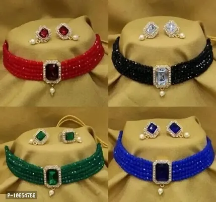 Alliance Fancy Combo Red Black Green Blue Crystal Choker With Earrings Jewellery Set (4 Combo)