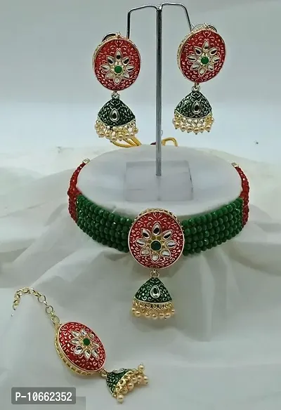 Alliance Multicolour Meeno Crystal Choker With Earrings And Mangtika Jewellery Set-thumb0