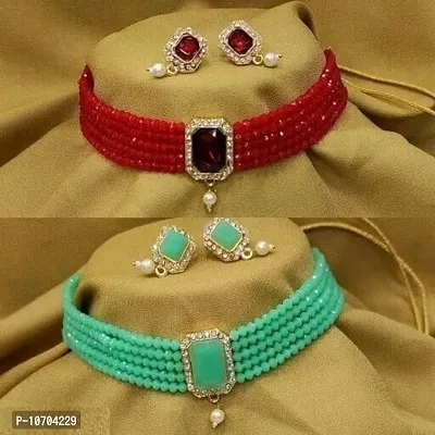 Alliance Fancy Red Pista Crystal Choker With Earrings Jewellery Set-thumb0