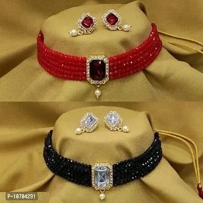 Alliance Fancy Red Black Crystal Choker With Earrings Jewellery Set