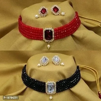 Alliance Fancy Red Black Crystal Choker With Earrings Jewellery Set-thumb0