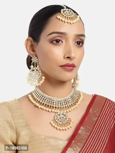 Alliance Fancy Cream Kundan Choker Necklace With Earrings And Mangtika Jewellery Set-thumb0