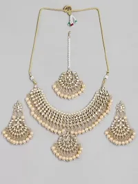 Alliance Fancy Cream Kundan Choker Necklace With Earrings And Mangtika Jewellery Set-thumb1