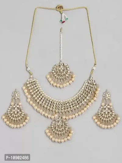 Alliance Fancy Cream Kundan Choker Necklace With Earrings And Mangtika Jewellery Set-thumb2