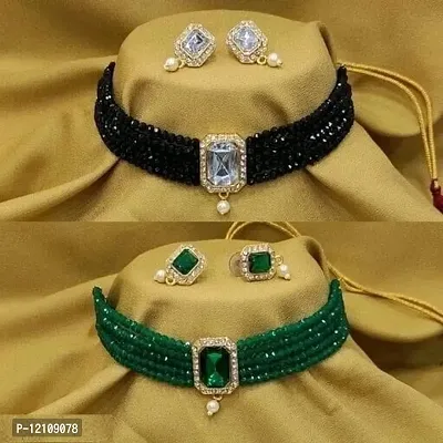 Fancy Black Green Crystal Choker With Earrings Jewellery Set ( 2 Combo)