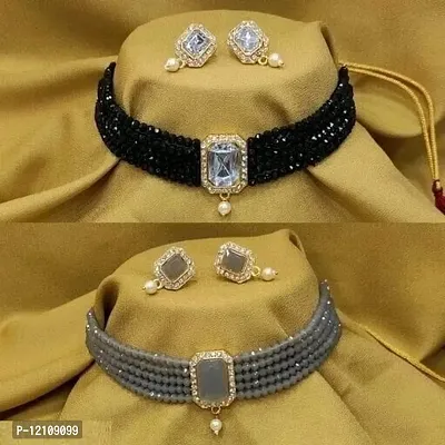 Fancy Black Grey Crystal Choker With Earrings Jewellery Set (2 Combo)-thumb0