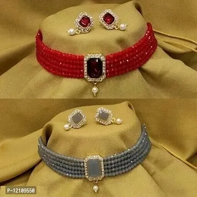Alliance Fancy Red Grey Crystal Choker With Earrings Jewellery Set (2 Combo)-thumb0