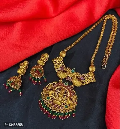 Alliance Fancy Gold Matte Polish Copper Laxmi Pendal Necklace With Laxmi Style Earrings Jewellery Set-thumb0