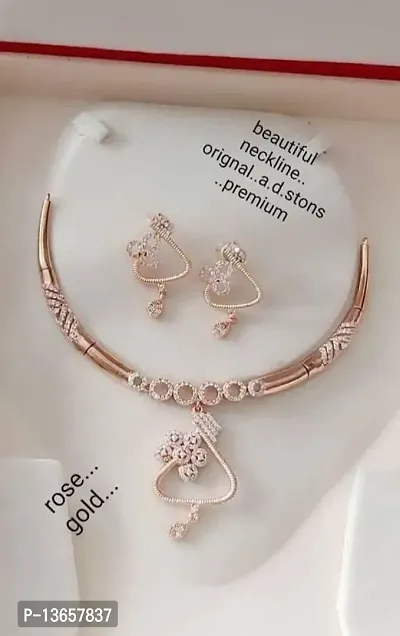 Alliance Elegent AD Rose Gold Plated Necklace With Earrings Jewellery Set-thumb0