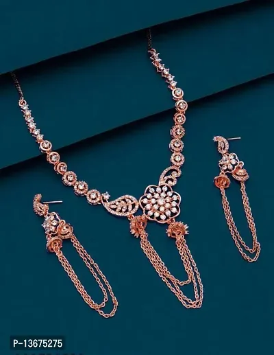 Alliance Elegent AD Necklace With Earrings Drop Style Rose Gold Jewellery Set-thumb0