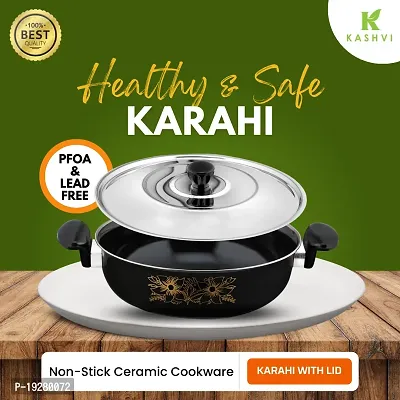 Kashvi Kitchen Accessories | kadai/kadhai/karahi with Stainless Steel lid | 26cm Diameter 3.5L Capacity Pan Non Stick naturally Induction/Gas stove/Electric capability Cookware Cooking Cooktop Combo S-thumb2