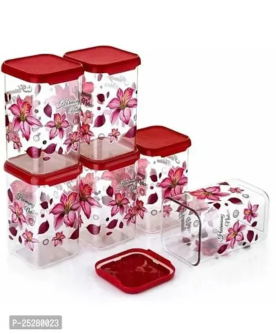 KETCHUP Multipurpose Unbreakable Plastic Modular Transparent Square Printed Containers Set For Kitchen Storage Airtight Box Dabba For Spice, Masala Box for Kitchen 1100 ml (Pack of 6 - Pink)-thumb0