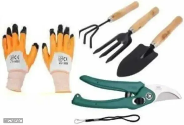 Useful Gardening Tools Set 3Pcs Wooden Handle Cultivator Free Rubber Hand Gloves Garden Tool Kit (5 Tools)