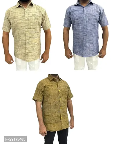 Reliable Multicoloured Khadi Cotton Short Sleeves Casual Shirt For Men Pack Of 3