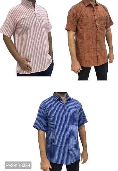 Reliable Multicoloured Khadi Cotton Short Sleeves Kurta and Shirt Combo For Men Pack Of 3-thumb0