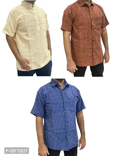 Reliable Multicoloured Khadi Cotton Short Sleeves Kurta and Shirt Combo For Men Pack Of 3