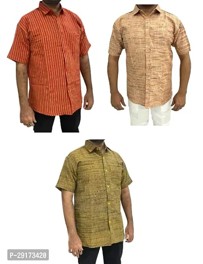 Reliable Multicoloured Khadi Cotton Short Sleeves Casual Shirt For Men Pack Of 3