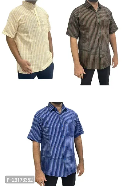 Reliable Multicoloured Khadi Cotton Short Sleeves Kurta and Shirt Combo For Men Pack Of 3-thumb0