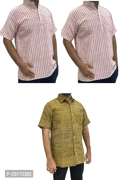 Reliable Multicoloured Khadi Cotton Short Sleeves Kurta and Shirt Combo For Men Pack Of 3